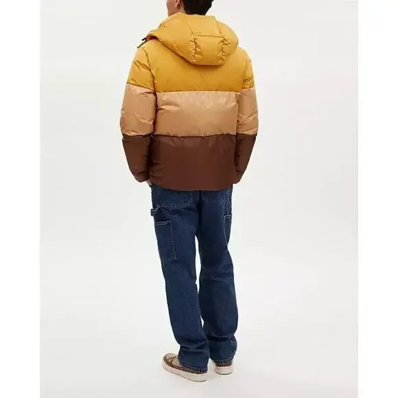 Coach Men's Colorblock Down Jacket Yellow Brown Multi Size XL $650